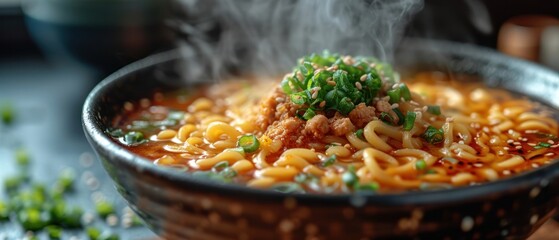 Poster -  a close up of a bowl of food with noodles and broccoli sprinkled on top of it with steam coming out of the top of the bowl.