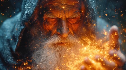 Canvas Print -  a close up of a man with a beard and a beard wearing a robe and holding his hands in front of his face with fire and sparks coming out of his hands.