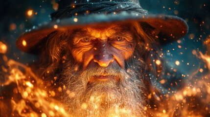 Wall Mural -  a close up of a person wearing a hat with fire coming out of his face and a hat on top of his head and a fire in front of him.