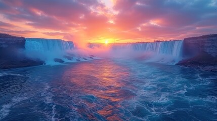 Wall Mural -  the sun is setting over a waterfall with a waterfall in the foreground and a body of water on the other side of the waterfall is a body of water.