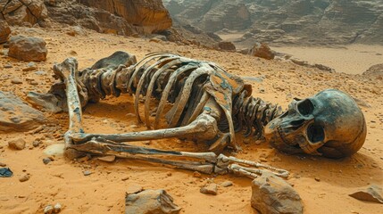 Canvas Print -  a skeleton laying on the ground in a barren area with rocks and a rock formation in the background, with a rock formation in the foreground, and a rock formation in the foreground.