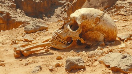 Poster -  a close up of a human skull on a dirt ground with rocks in the foreground and a cliff in the back ground with a rock outcrop in the background.