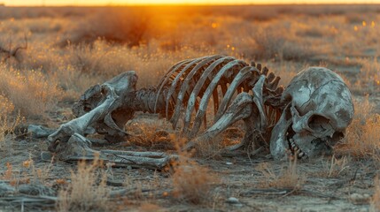 Sticker -  a skeleton in the middle of a field with the sun setting in the background and a dead animal in the middle of the field with the sun setting in the background.