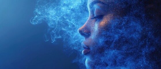 Sticker -  a woman with her eyes closed and smoke coming out of her face and her eyes closed, with her eyes closed, in front of a blue background of smoke.