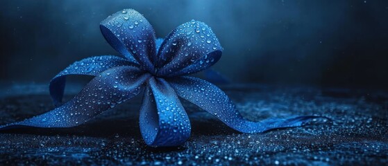 Wall Mural -  a close up of a blue ribbon with a bow on a black surface with water droplets on it and a light shining down on the top of the blue ribbon.