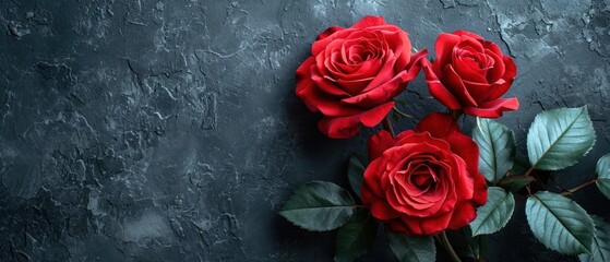 Canvas Print -  three red roses sitting on top of a black table next to a green leafy plant on top of a piece of gray paper that has been placed on it.