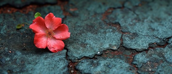 Poster -  a single red flower sitting on top of a cracked concrete surface with cracks and cracks in the ground and a green leaf sticking out of the center of the flower.