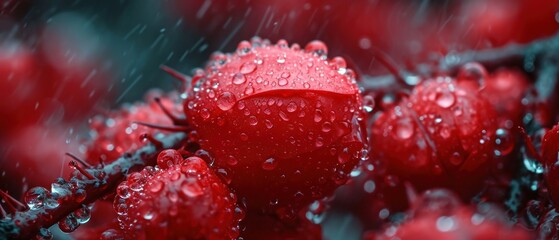 Wall Mural -  a bunch of red berries sitting on top of a lush green plant covered in drops of water with drops of water on the top of the berries and on the top of the stems.