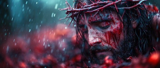 Wall Mural -  a man with blood on his face and a crown of thorns on his head in a scene from the movie the passion of christ, with blood dripping all over his face.