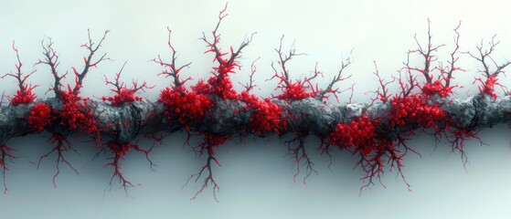 Wall Mural -  a painting of red and grey branches on a white wall with a light blue back ground and a light blue back ground and a white wall with a white background.