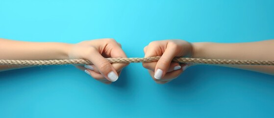 Canvas Print -  a woman's hands holding a rope with both hands on a blue background with a light pink nail polish on the tip of the tip of the nail and the tip of the tip of the tip of the nail.