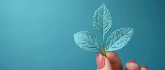 Wall Mural -  a person's hand holding a small green leaf in front of a blue background with a small green leaf on the tip of the tip of the tip of the leaf.