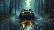 Off road car in a forest on a rainy day, generative ai