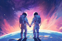 Illustration Painting Of Astronaut Couple Holding Each Other's Hands On Space Sky Background