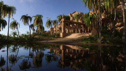 Poster - Ancient Egyptian fantasy temple ruin by a lake surrounded by palm trees in a desert landscape. 3D rendering.