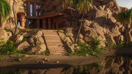 Poster - Steps leading from a river to an ancient Egyptian temple built into a mountain. 3D rendering.