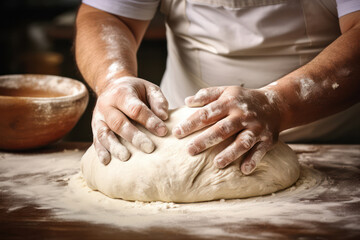 Wall Mural - Hands-on Homemade Bread: A Baker's Artistry on a Rustic Wooden Table