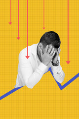 Sticker - Vertical creative collage image of sad stressed depressed young man bankrupt arrow point down trader weird freak bizarre unusual fantasy