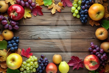 Framed photos of apples, berries, grapes, and autumn leaves. Fresh fruit from the farm on a wooden table. Viewed from above.