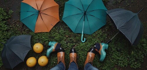 Poster -  a person standing in the grass with two umbrellas and two oranges next to each other and a person's feet on the ground with oranges next to them.