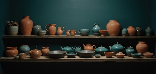 Canvas Print -  a shelf filled with lots of vases and bowls on top of a wooden shelf in front of a teal wall with a blue wall in the back ground.