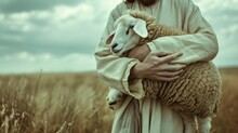 Jesus With A White Sheep In His Arms Carrying It In A Daytime Meadow In High Resolution HD