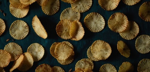 Wall Mural -  a bunch of potato chips sitting on top of a green counter top next to a pile of other potato chips on a blue tablecloth covered with a black cloth.