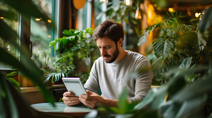 Canvas Print - Modern Cafe Scene: Casual Man Exploring Tablet in Urban Oasis