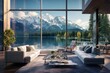 A modern living room interior with a captivating lakeside and mountain view, a panoramic masterpiece of contemporary luxury