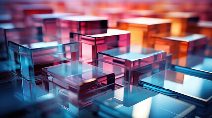 Wall Mural - 3D abstract background of reflective blue and pink glass cubes with copy space