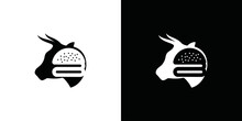 Flat Logo Combination Of Cow Head With Burger, Logo Combination For Burger. Design For Burger Shop, Burger Maker And Burger Sales