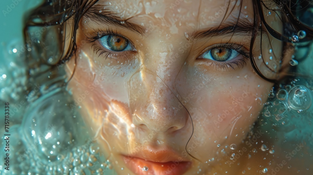 Portrait. Young Thai woman posing underwater with open eyes ,generative ...
