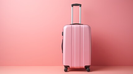 Pink suitcase for travel vacation concept with minimal style and empty space on pink background