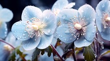 "Icy-blue Hellebores Glistening With Morning Dew Against A Backdrop Of Snow-dusted Pine Needles."