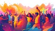 © Jim1786 - flat illustration, joyful happy friends, couple sharing laughter at holi festival, colorful memories in making, youth event celebration, blurred colorful powder in air.