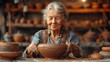 Senior woman kneading clay in bowl shape at the workshop, generative ai