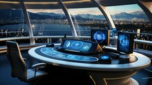 Spaceship Interior: Futuristic Control Cabin With Blue Lighting And Technology Panels
