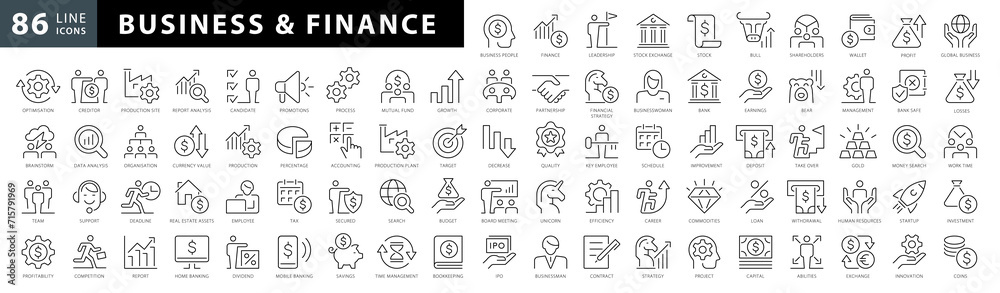 Finance and business line icons collection. Big UI icon set in a flat ...