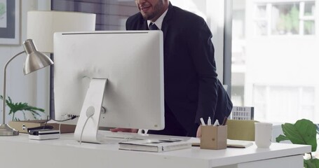 Wall Mural - Frustrated businessman, computer or desk destruction at office in anger, loss or crisis. Angry man or employee in stress or anxiety management for failure, mistake or breaking equipment at workplace