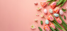 Soft Pink Tulips And Easter Eggs Flat Lay On Salmon Background