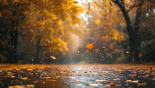 Autumn Background. Autumn Leaves On Rainy Glass Texture, Bright Abstract Natural Backdrop. Concept Of Fall Season. Rainy Day Weather. AI Generated Illustration