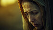 An emotional portrayal of Mary at the foot of the cross, her grief and sorrow palpable. The subdued color palette and intimate composition create a poignant visual narrative for Go