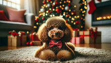 A Brown Poodle Wearing A Red Polka Dot Bow Tie Sits In Front Of A Sparkling Christmas Tree Surrounded By Gifts.Dog Hairstyle Concept. AI Generated.
