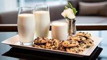 Delectable Homemade Cookies Assortment On Vintage Tray With Tall Glass Of Creamy Milk