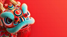 Chinese New Year Seasonal Social Media Background Design With Blank Space For Text. Closeup Cute Dancing Dragon Head In Vivid Color On Red Background.
