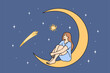 Woman admires starry sky, sitting on crescent and making secret wish during starfall. Young girl dream with starfall and fantastic visit to space or galaxy with opportunity to sit on moon