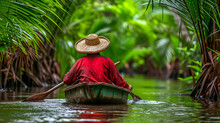 Woman Ride Boat On Jungle 