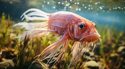 Ornamental Goldfish Display: Colorful Fish Swimming in a Decorative Aquarium