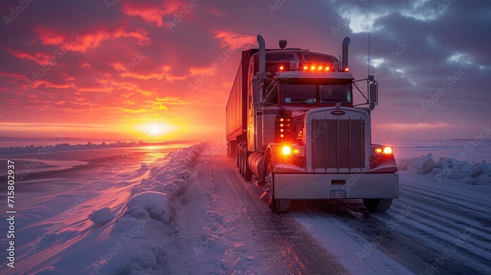 An Ice Road Trucker Navigating a Large Rig Over a Frozen Lake ...