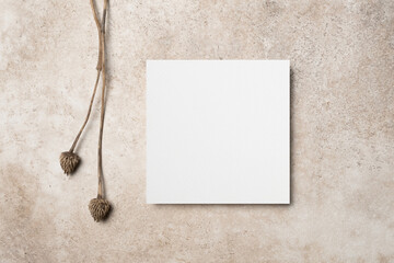 Blank square paper card mockup with copy space for card design on beige background with botanical decor